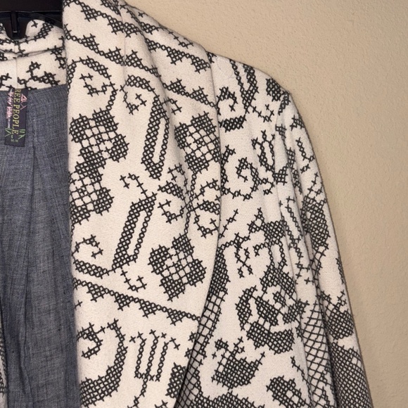 Free People Cream w/ Gray/Black Printed Cross Stitch Design Open Front Jacket - Picture 5 of 14
